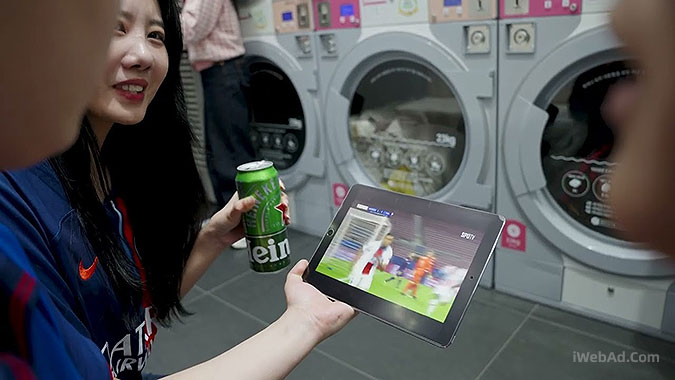 韩国喜力啤酒欧冠比赛宣传活动 洗衣店观赛